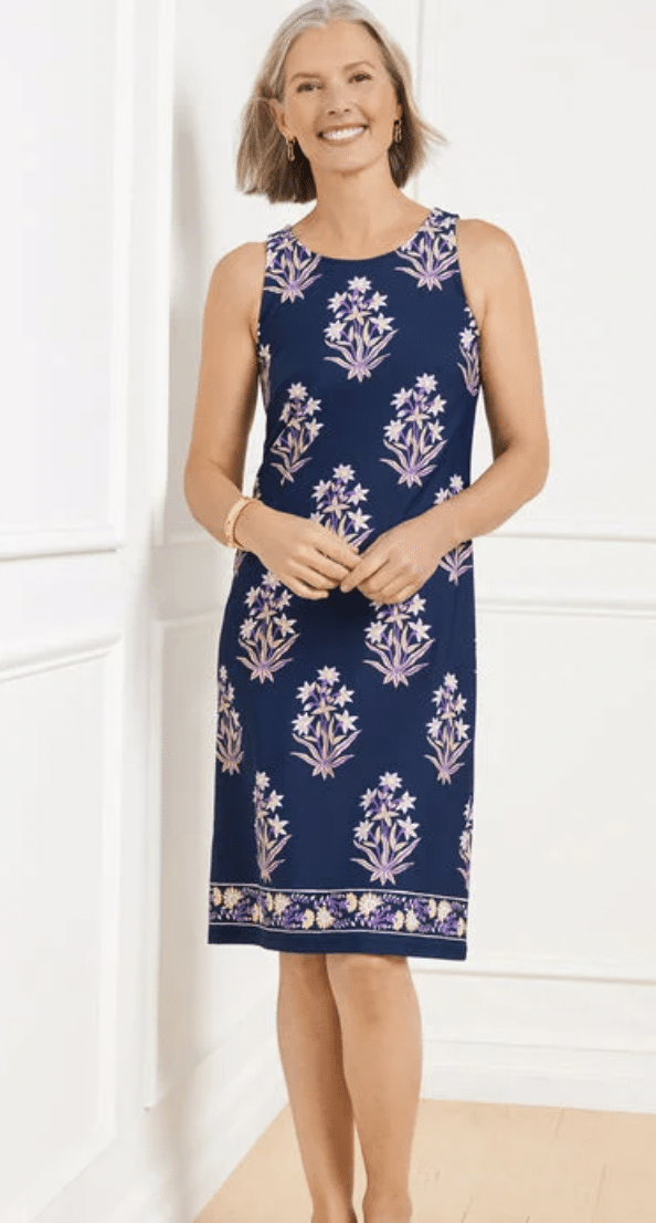 Effortless jersey shift dress—packable graduation outfit idea for mature women.